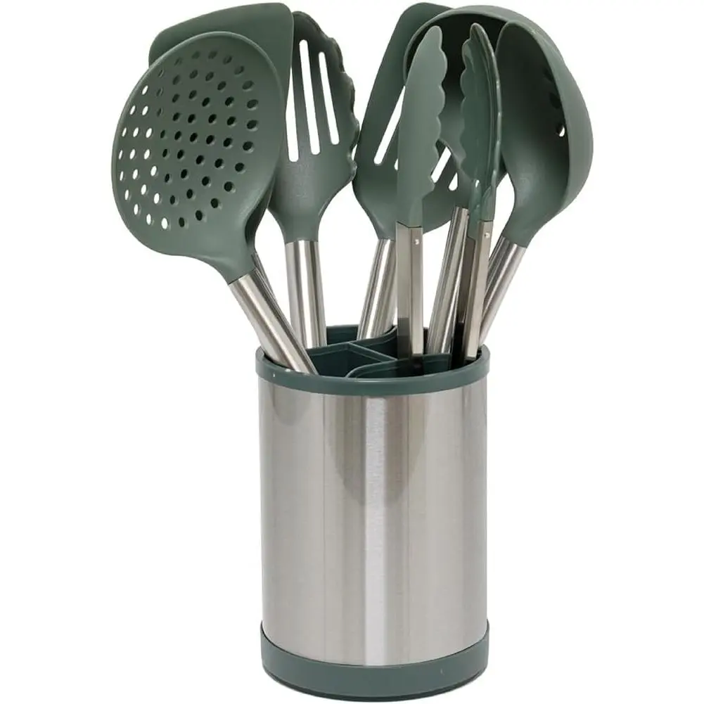 8-Piece Nonstick Cooking Utensil Set with Stainless Steel Handles - Rotating Holder, Soup Ladle, Turner, Tongs, Spoon, Skimmer, Dishwasher Safe Green Nonstick Cooking Tools for Everyday Use