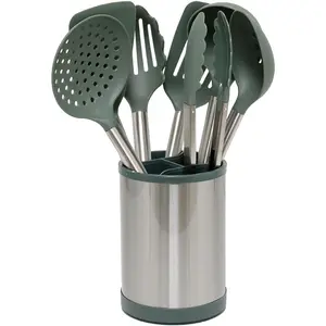 Kitchen Utensils Set, 8pcs - Nonstick Cooking Tools with Stainless Steel Handles & Rotating Utensil Holder - Turners, Ladle, Spoon, Tongs, Spaghetti Server, and Skimmer - Dishwasher Safe, Green