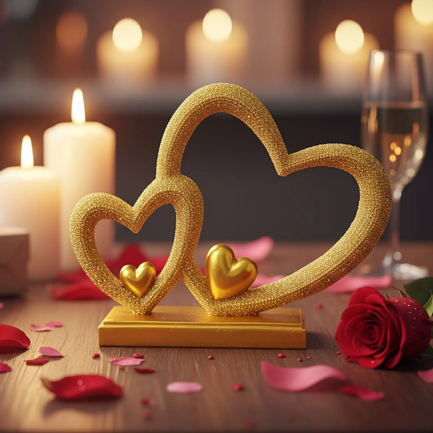 Valentine’s Day Double Heart Figurine, Faux Beaded Texture with Gold Accents, 7.9" Pink/Gold/Silver Romantic Decor for Shelf, Mantel, Bedroom, Wedding, for Her