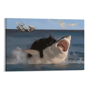 Funny Quirky Cat and Shark Pictures Canvas Print, Abstract Black Cat Shark Posters Wall Decor for Room Bedroom Living Room Bathroom