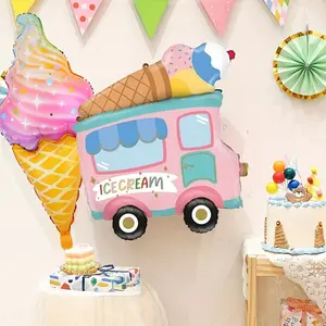 2PCS Ice Cream Theme Foil Balloon Set - Includes Ice Cream Cart + Cone Balloons, Summer Party Decoration / Birthday Dessert Table Setup