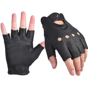Black Men Half Finger Fingerless Genuine Sheepskin Leather Driving Gloves Genuine Leather Gloves Outdoor Gloves
