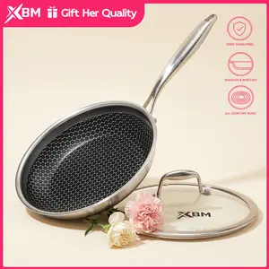 XBM Hybrid Nonstick Frying Pan with Smooth Base , Tri-Ply Stainless Steel Honeycomb Skillet, Healthy PTFE/PFOA Free Ceramic Coating, Stay-Cool Handle, Induction Ready & Oven Safe Cookware Aluminium Carbon Metal pots and pans set ，Tempered Glass Lid