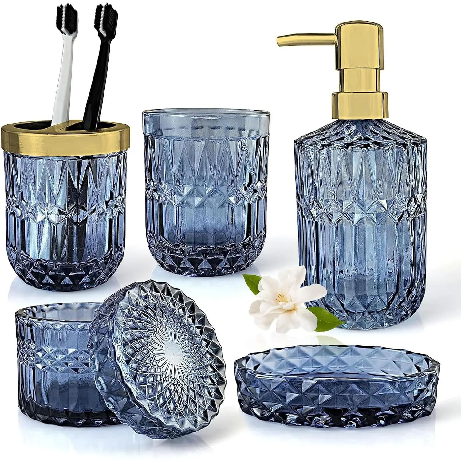 Bathroom Accessories Set, Glass Bathroom Set Complete 5pcs, Blue Bathroom Decor, Include Toothbrush Holder, Tumbler, Soap Dispenser, Soap Dish, and Cotton Swabs Jar Gift
