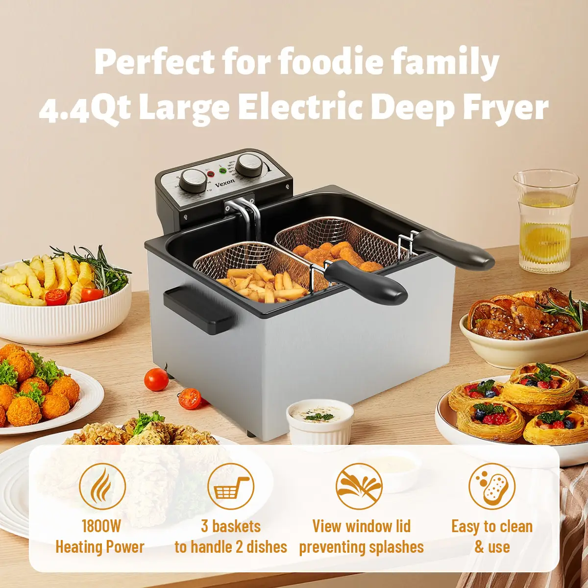 Large Electric Deep Fryer with Basket, 4.4Qt Stainless Steel Electric Oil Fryer w/Adjustable Temperature,Timer,Lid with View Window,1800W 5 Liters/21