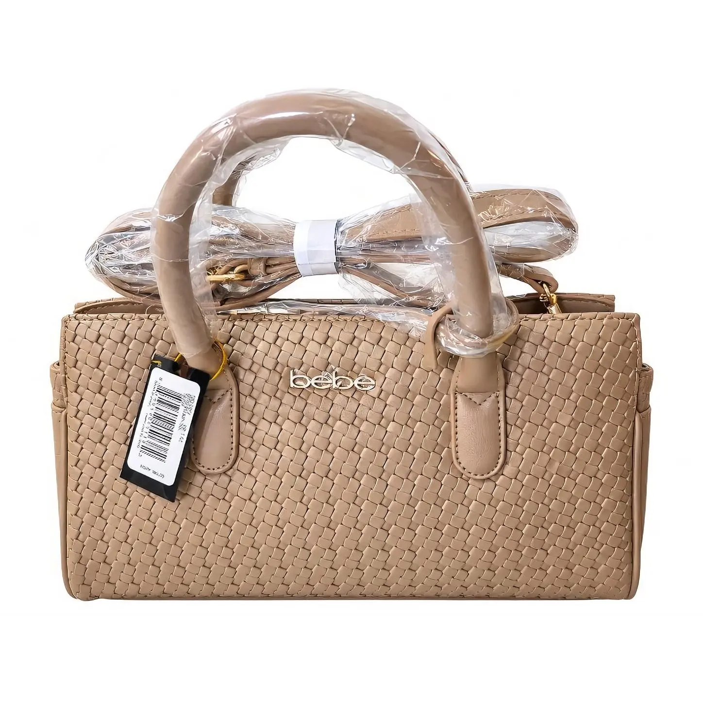 Bebe Beige Woven Handbag with Gold Hardware and Clear Packaging