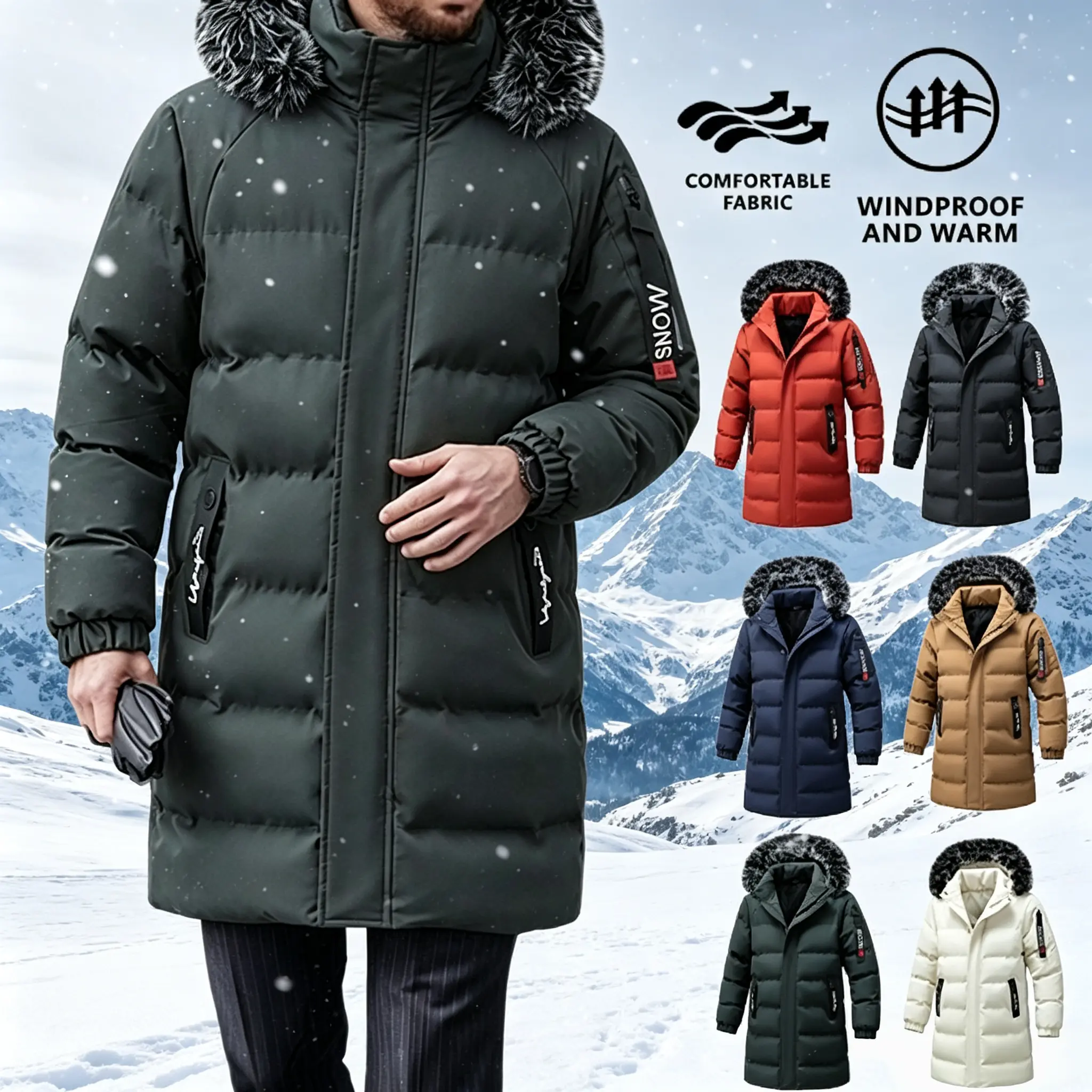 Men’s mid-length hooded cotton jacket for winter, thick and warm; six colors available with a fleece collar; windproof down jacket; trendy streetwear; casual windproof insulated jacket with fleece collar; street fashion.