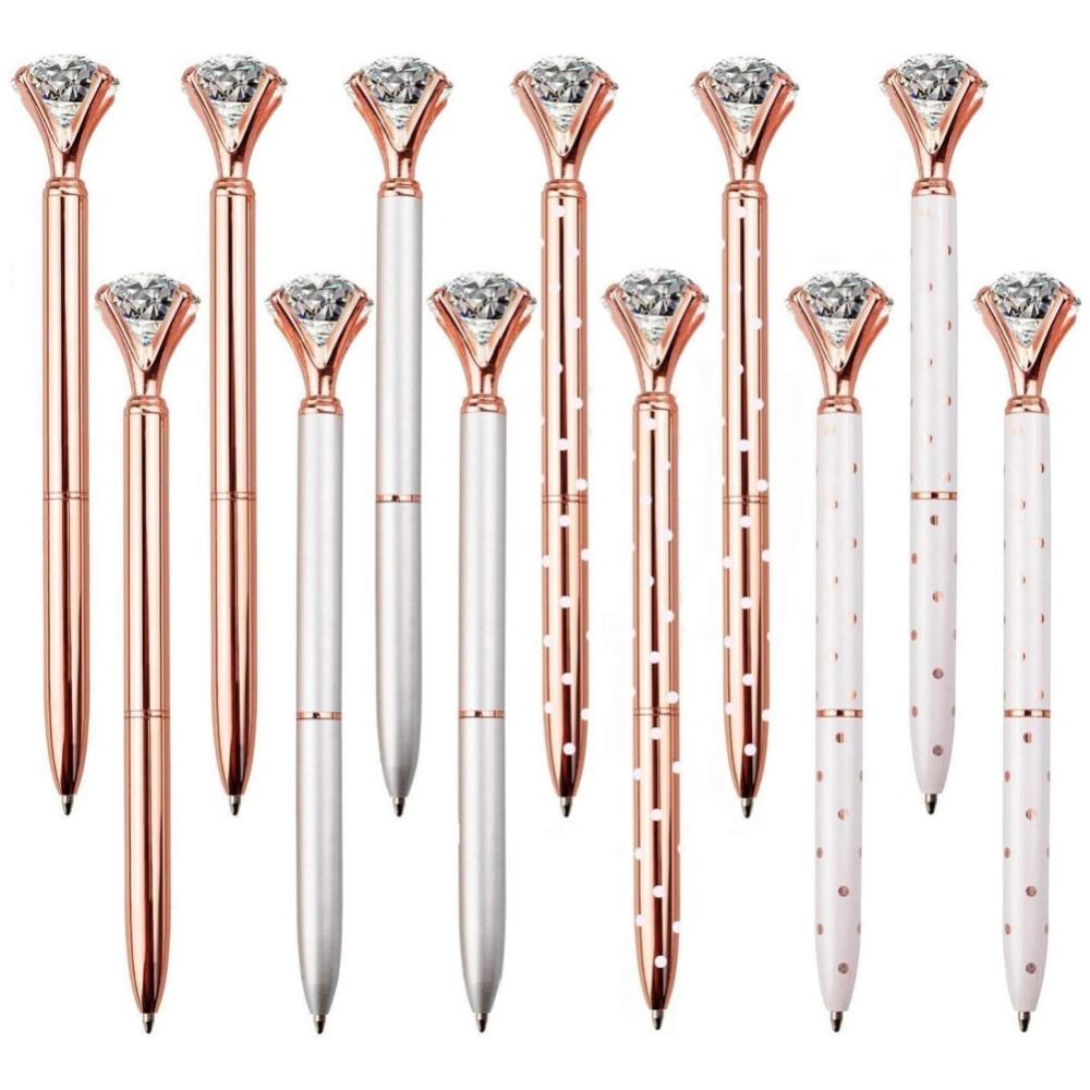 12PCS Diamond Pens Bling Diamond Gem Pen Décor Gifts for Women Bridesmaid Coworkers Bulk Crystal Metal Ballpoint Pens Black Ink