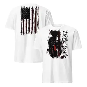 We The People Spartan Warrior Graphic Tee - Distressed American Flag Shirt | Patriotic Constitutional Apparel | Heavy Cotton Gift for Men - White/Sand