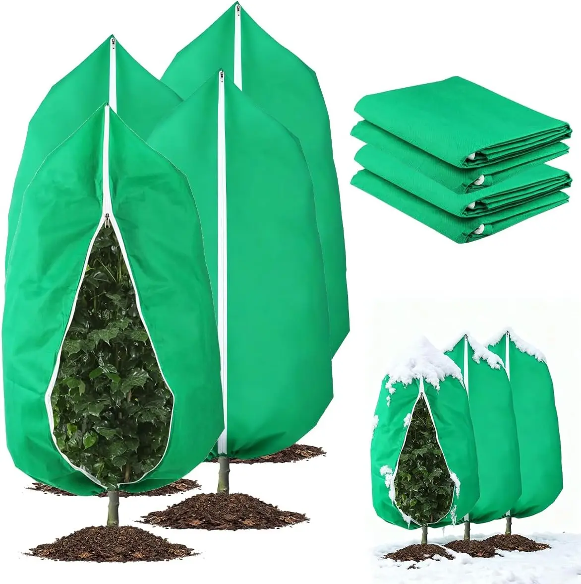 4-Pack Rectangular Green Plant Freeze Protection Covers, 31.5x47.3" Windproof Hold Heattrap Fabric Frost Blankets with Zipper & Drawstring Snug for Outdoor Shrubs