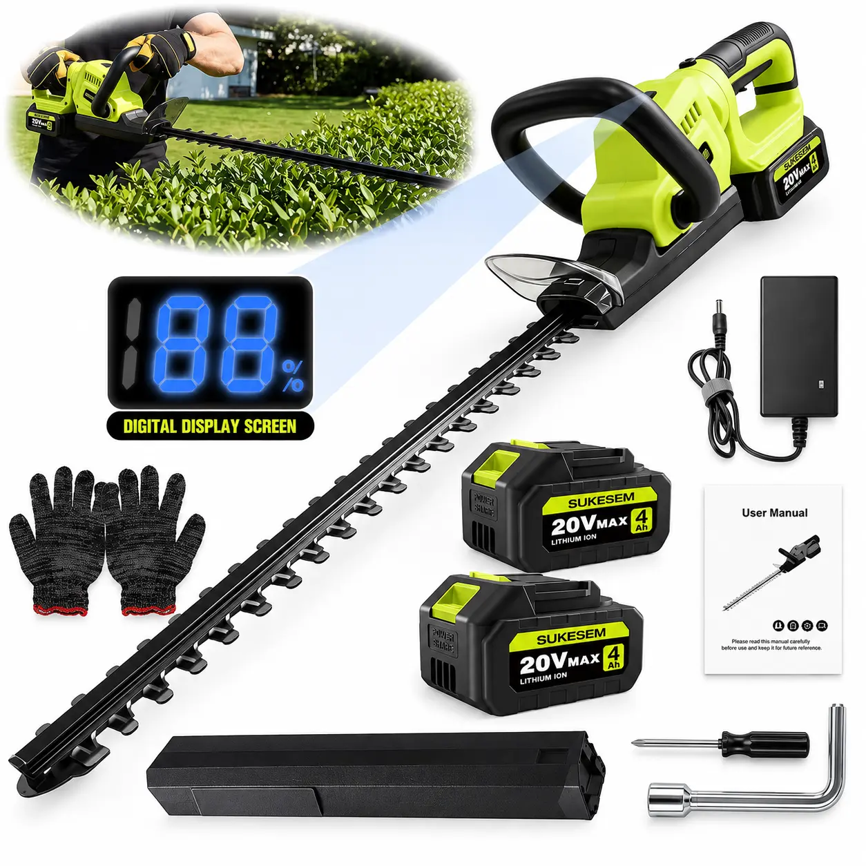 SUKESEM 20V Cordless Hedge Trimmer, 20-Inch Electric Bush Trimmer with 4.0Ah Battery & Charger, Lightweight Handheld Shrub Trimmer for Hedges, Bushes, Branches, Yard & Garden Care
