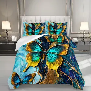 3pcs Butterfly Pattern Comforter Set, Vibrant Butterfly Duvet Set for Girls and Adults Bedroom or Guest Room Decor, Lightweight Soft All Seasons Comforter Machine Washable Microfiber Quilt with 2 Pillowcases , Gifts for the Family