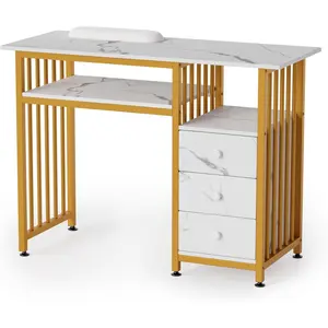OmySalon Manicure Table w/Wooden Drawer Storage, Gold & White Marbling Nail Desk for Nail Technicians, Nail Station for Salon Spa Beauty Makeup, Acetone Resistant, 43.3'' L W/O Dust Collector