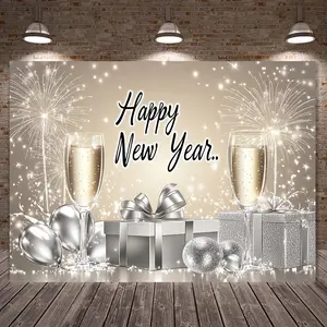 1pc 2D Flat Happy New Year Silvery Glitter Photography Backdrop, 100% Polyester, Versatile for Winter Parties & Holiday Decor, Available in Multiple , , - Ideal for Bedroom and Living Room, Banners White
