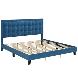 King Size Square Frame Platform Bed - Blue Metal Frame Design- Wood Slat Support- No Box Spring Needed- Easy Assembly