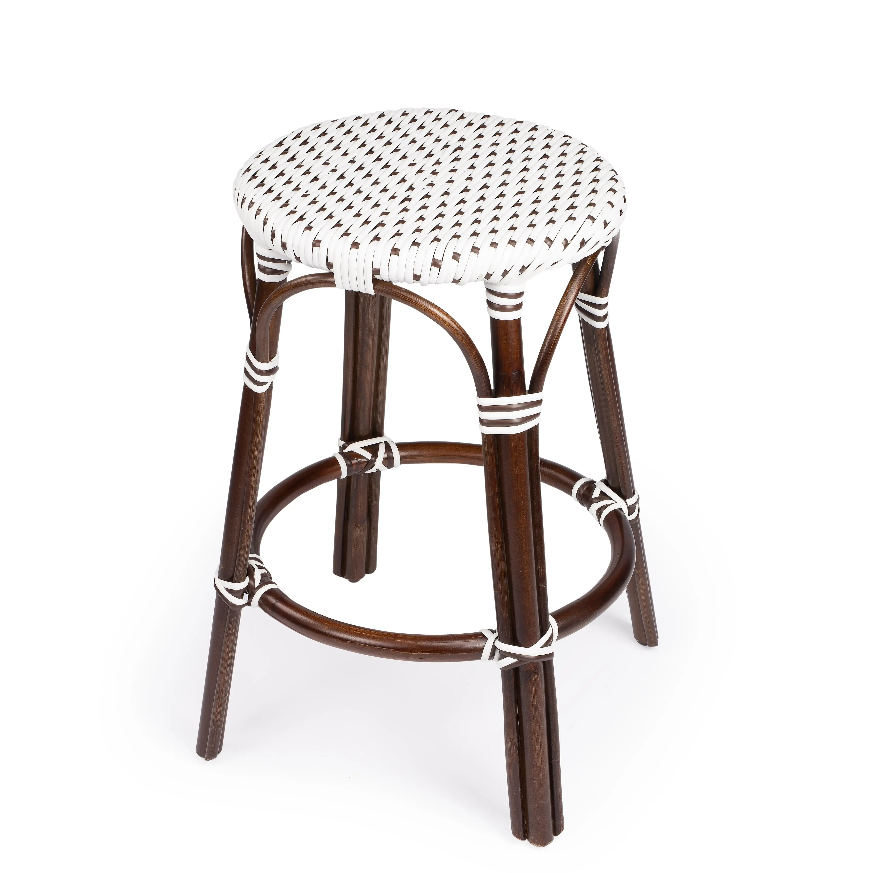 Tobias Rattan Round 24" Counter Stool in White and Brown Dot 9371117