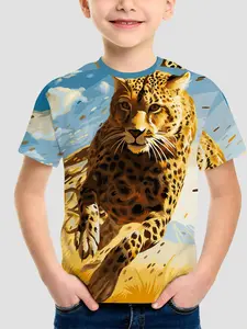 Boys' Fashionable Leopard Print Casual Tee, Round Neck Short Sleeve Top, Fitted Design for Outdoor Activities & Daily Wear
