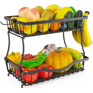 Large 2-Tier Fruit Basket for Kitchen Counter with 2 Banana Hangers - Metal Fruit Bowl for Onion, Vegetable, Snacks, Breads Storage - Countertop Organizer - Black, 14.5" W x 9.5" D