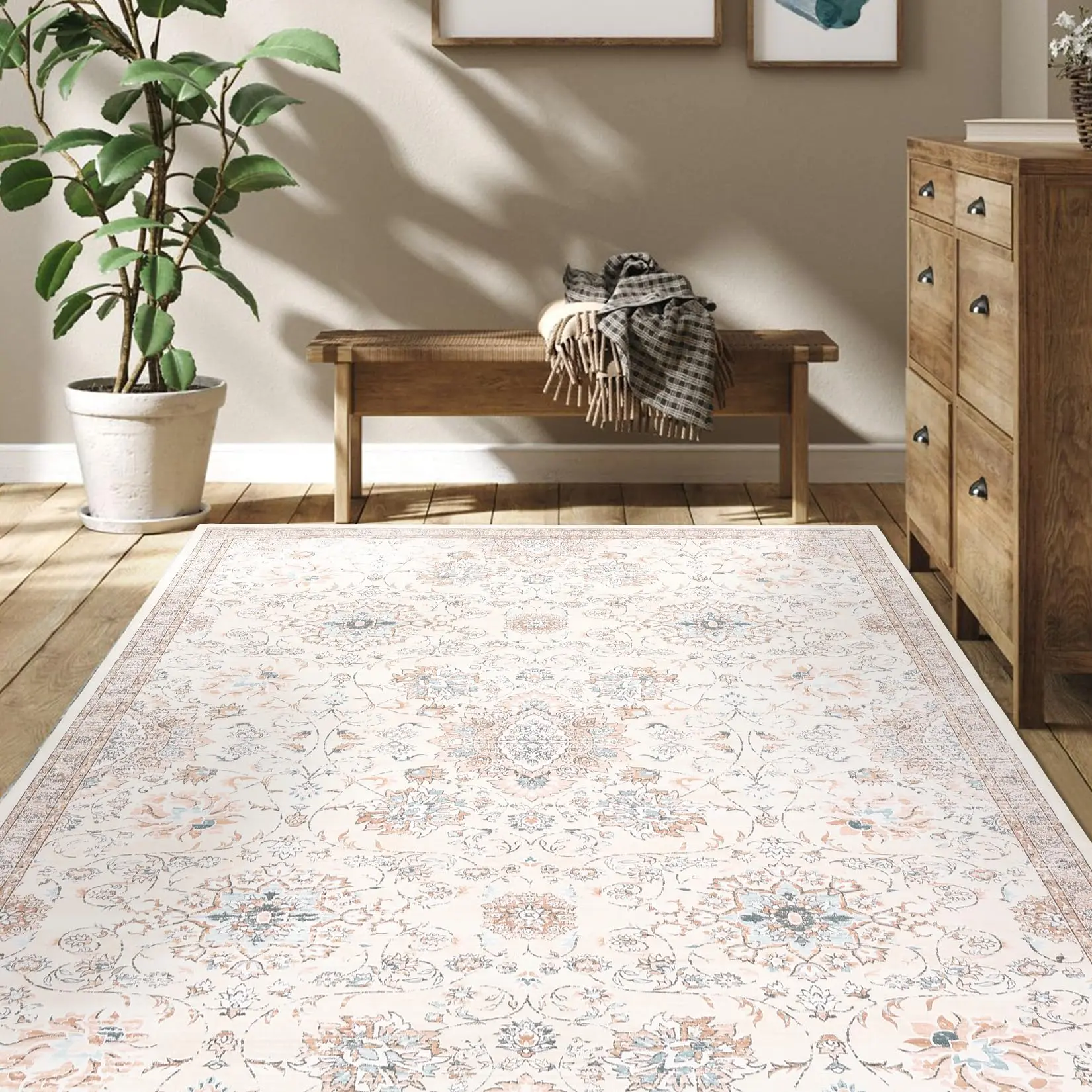 【GARVEE】Area Rug 10x13 Washable Rugs for Living Room Extra Large Vintage Area Rug for Bedroom Distressed Oriental Office Carpet Low Pile Neutral Soft Nursery Rug Non Slip Farmhouse Rug Beige