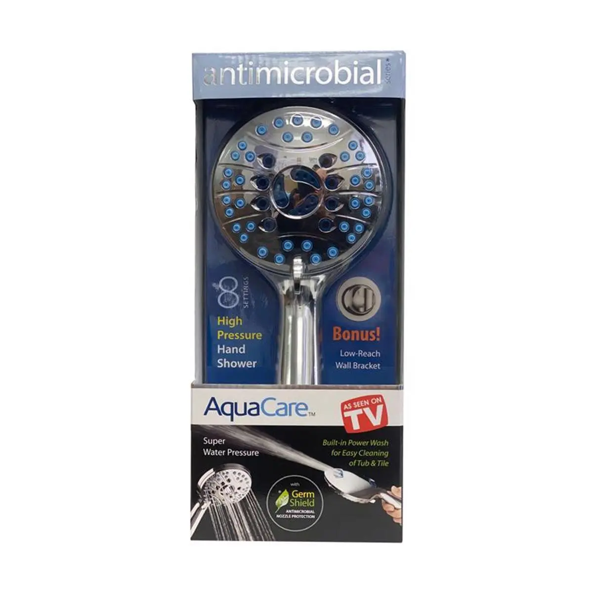 Aquacare Stainless Steel High Pressure Handheld Bathroom Shower Head - Adjustable 8-Setting Shower Head with Germshield Anti-Clog Nozzles (As Seen on TV), Shower Head High Pressure