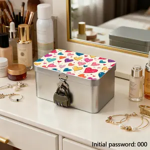 New Lockable Storage Box, Iron Material Gift Box, Jewelry Box, Treasure Chest, Colorful Heart Star Pattern, Perfect for Makeup Desk, Room, Office