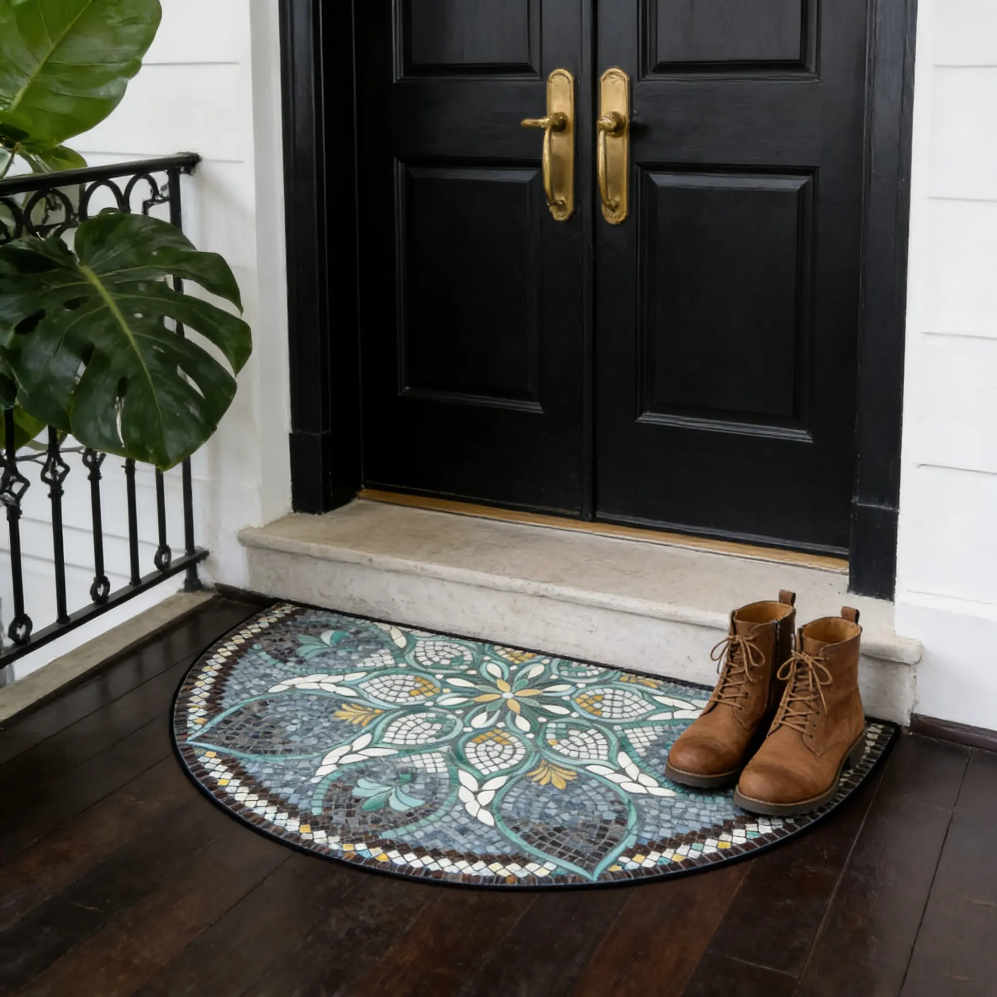 Floral Mosaic Half Round Welcome Mat, Comfortable Plastic Bottom Home Decorative Rug, Easy Clean Durable Carpet for Living Room and Bedroom, Home Decoration Mat, Decorative Mats