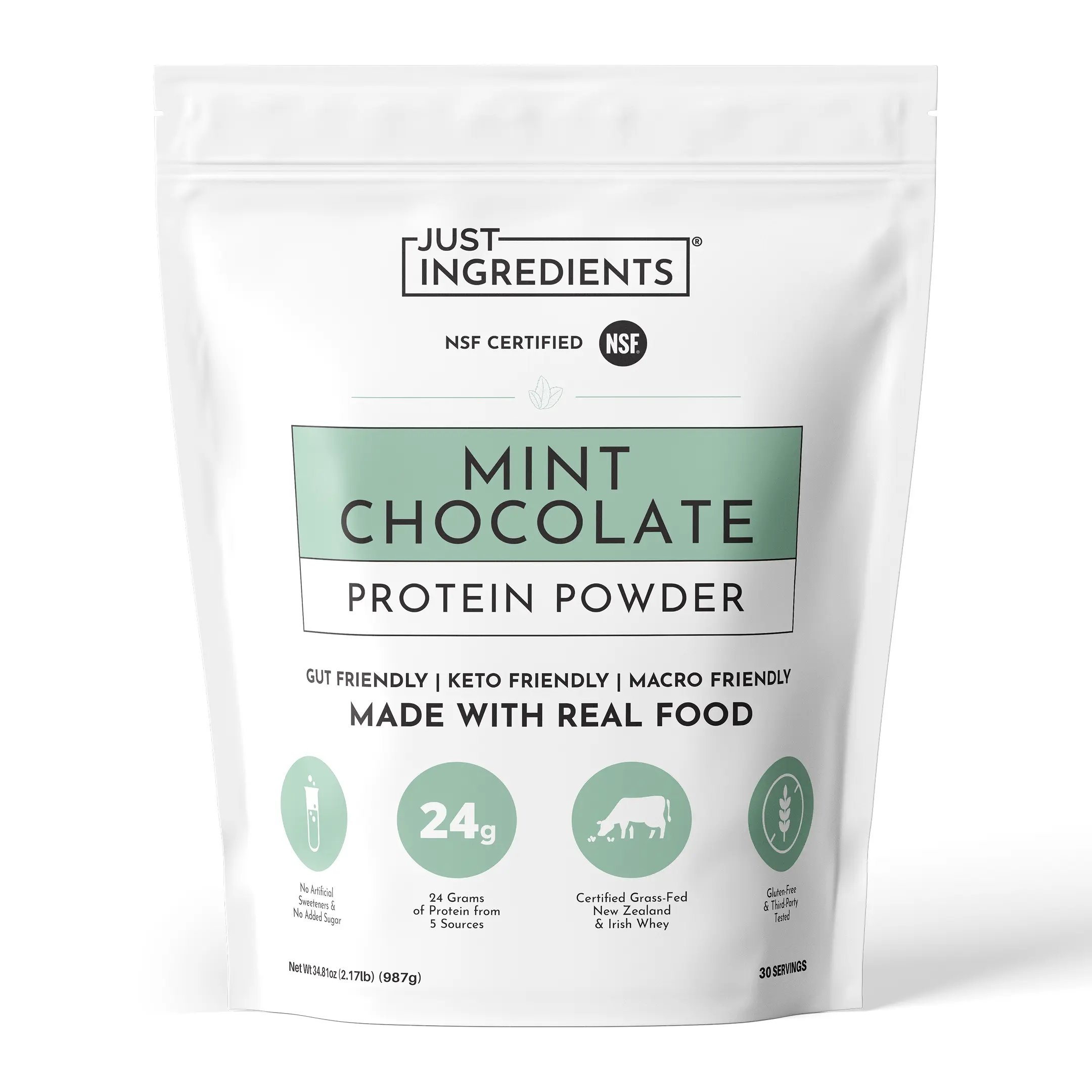 Just Ingredients Mint Chocolate Protein Powder – 30 Serving Bag – Grass-Fed Whey & Plant Protein Blend with Real Cocoa & Peppermint –Sweetened, Non-GMO, Gluten-Free, No Artificial Flavors