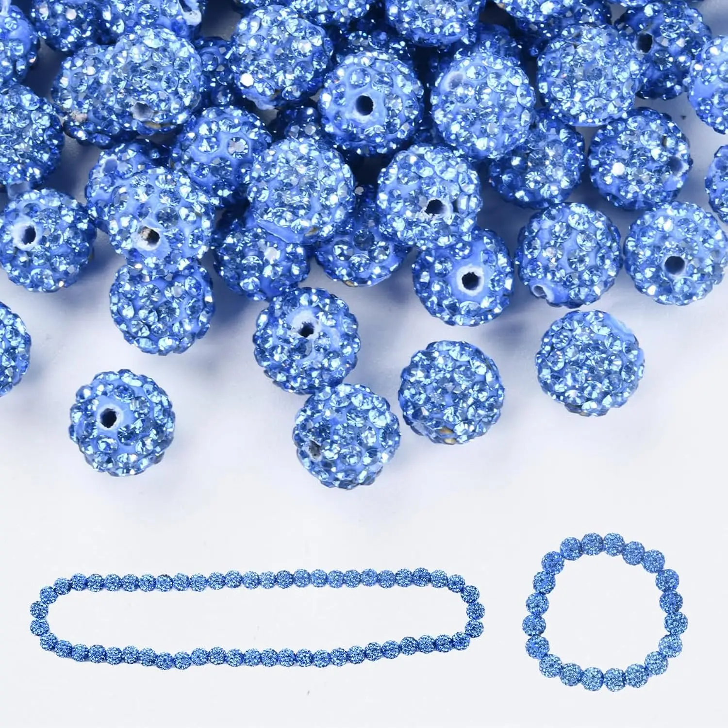 100PCS Light Blue Rhinestone Clay Beads 10mm Sparkle Disco Ball Beads for DIY Jewelry Crafts