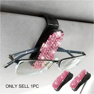 1count Car Sun Visor Glasses Holder, Fashionable Shiny Pink Crystal Sequin Glasses Hanger, with Ticket Card Clip for Women/Girls Car Glasses Sunglasses Hook, Car Organization Supplies