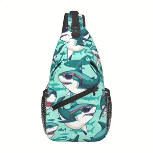 [Made in US] Crossbody Chest Bag Hiking Backpack Cartoon Style Shark Wearing Fashion Glasses Shoulder Bag Folding Large Capacity Fashion Durable Can Be Used for Shopping, Work, Leisure Travel Beach Bag Fishing Backpack sling