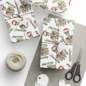 Skeleton Santa Wrapping Paper Christmas, Funny Holiday Gift Wrap for Gothic Christmas Fans, Unique White Maximalist Gift Wrap