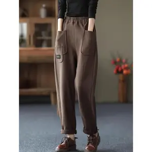 1pc Elegant Solid Color Polyester Harem Pants for Women, Patched Pockets, Knit Fabric, Spring/Fall Fashion, Adult Casual Genie Style Trousers