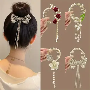 4PCS Exquisite Rose Butterfly Floral Hair Clips - Women's Elegant Shiny Tassel Bun Hair Accessories for Wedding, Birthday, Party, and Daily Wear with Faux Pearl and Lily of the Valley Design