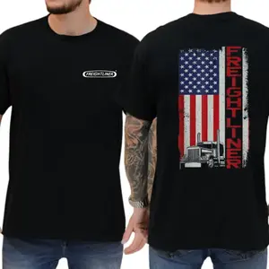 Freightliner T-Shirt, American Flag & Semi-Truck Graphic, Freightliner Logo Graphic Shirt, For CDL Drivers & Trucking Enthusiasts, Gift for Proud American Truckers