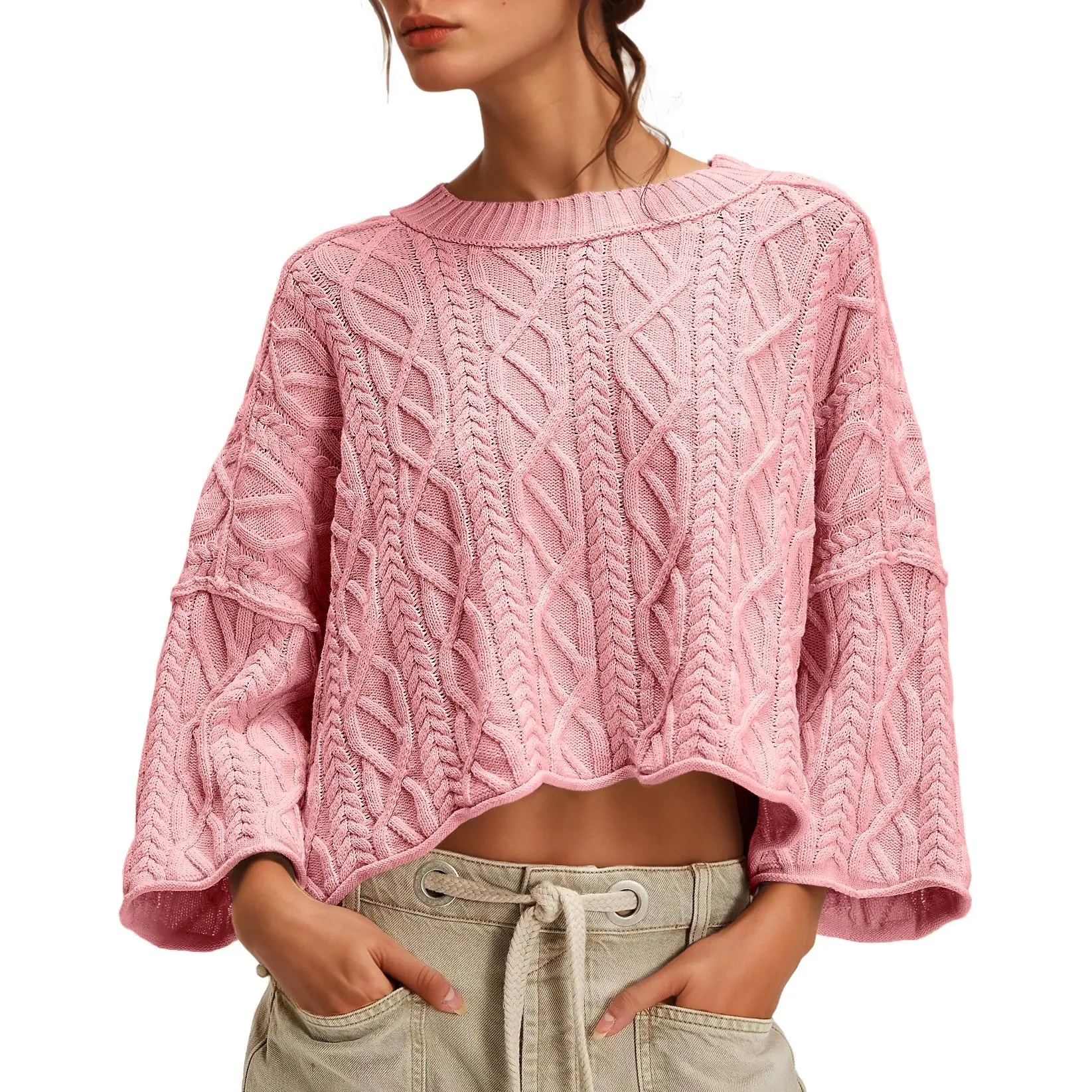 UNCLECAT Women's Cable Knit Cropped Oversized Casual Round Neck Long-Sleeve Fall Pullover Top - Drop Shoulder Sleeve Knitwear, Casual Style Pullover with Cropped Cut Autumn Knit Womenswear, Crewneck Pullover Top