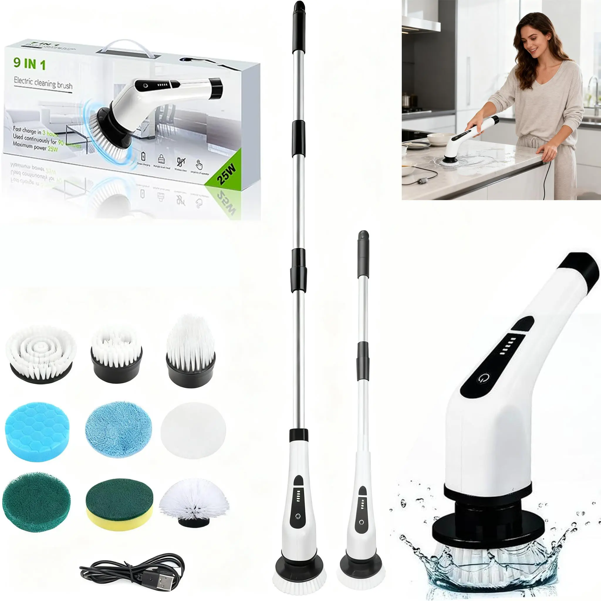 Electric Spin Scrubber, Cordless Cleaning Brush with 9 Replaceable Brush Heads, 360° Power Scrubber with 5 Adjustable Speed Levels, Adjustable & Detachable Handle for Bathroom, Kitchen, Car Cleaning