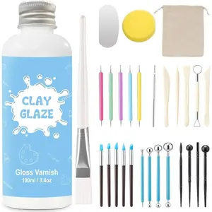 100ml Air Dry Clay Glaze and 29pcs Clay tools kit, Gloss Clay Varnish Protects Clay from Surface Wear, Pottery Tools Can be Used for Stippling, Carving, Molding, and Shaping Clay Crafts(Gloss)