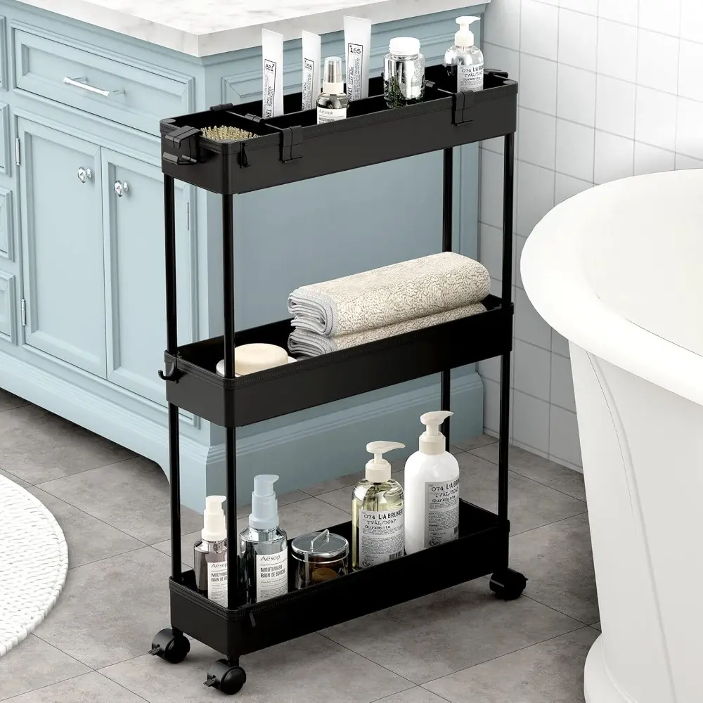 3-Layer Plastic Expandable Rolling Home Organizer Rack - Adjustable Storage Shelf, Hollow Slide-Out, Rotatable Wheels, Mesh Bottom, Side Hoops, Compact Narrow Spaces Solution for Bathroom, Kitchen Supplies