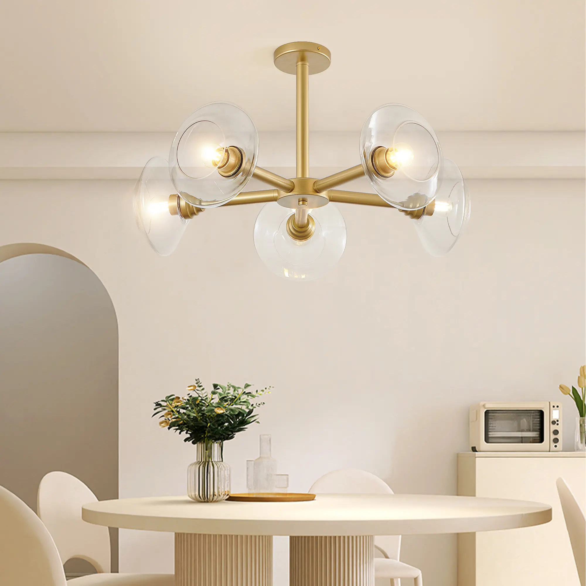 26 Inch Modern Gold 5 Light Sputnik Chandelier with Clear Glass Shades Mid Century Hanging Pendant Light Fixture for Dining Room Living Room Kitchen (E26 Bulbs Not Included)