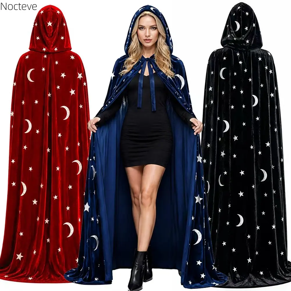 Adult Soft Lightweight Loose Gothic Velvet Cape - Moon & Star Pattern, Golden Wizard Cloak for Carnival Cosplay, Grim Reaper Devil Vampire Magician Costume Robe for Masquerade Themed Events