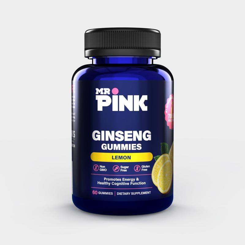 Natural Ginseng Gummies for Energy | Focus Brain Health & Stress Relief | Non-GMO, Sugar Free |  Lemon Flavor |Boost Energy & Stamina |  Dietary Supplement by MR. PINK