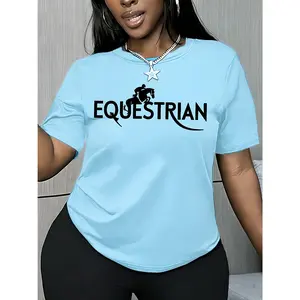 Women's short-sleeve top with EQUESTRIAN horse rider silhouette sports print, round neck, machine washable, comfortable, soft, breathable, suitable for spring, summer, and autumn, new recommended style, loose, casual, trendy, fashionable