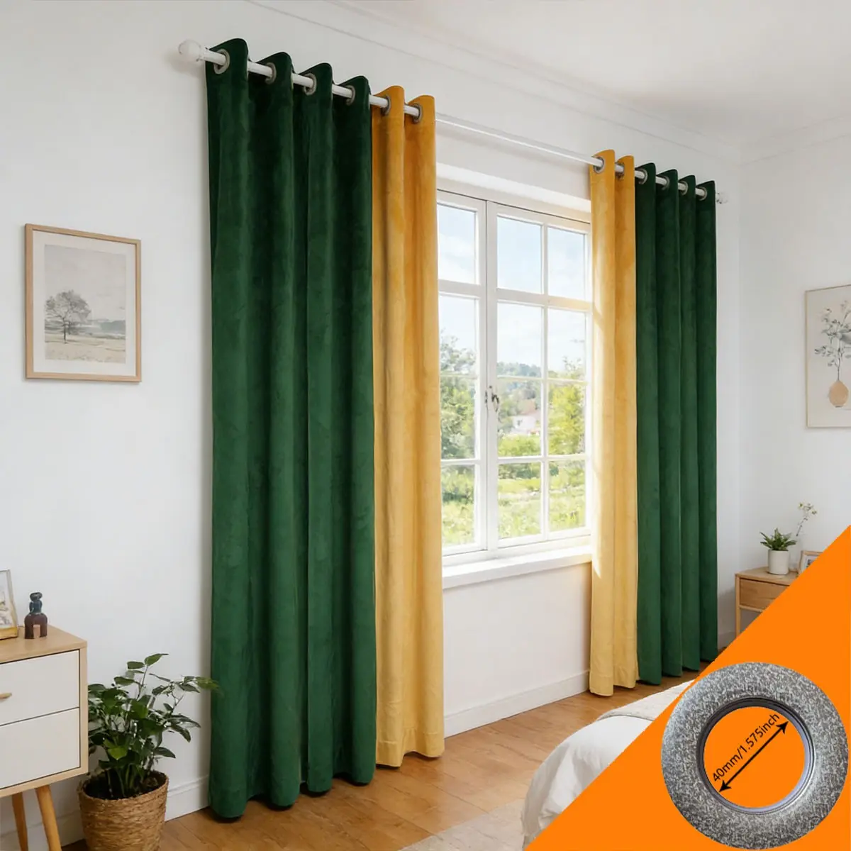 2pcs Nordic Style and Turmeric Color Block Blackout Curtains, Living Room Floor-To-Ceiling Full Blackout Curtains, Pierced Soundproof Curtains