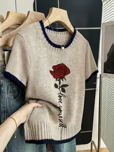 Women's Rose Floral Letter Print Knit Sweater T-Shirt, Round Neck Short Sleeve, Casual Breathable Design, Spring Summer Fall Fashion, Fit, Womenswear Knitwear Tops