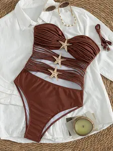 One-Piece Bikini, French Vintage Unique Spice Girl Style, Asymmetric Cut, Starfish Decoration, High-Waisted Triangle Panties, High Waisted Swimsuit