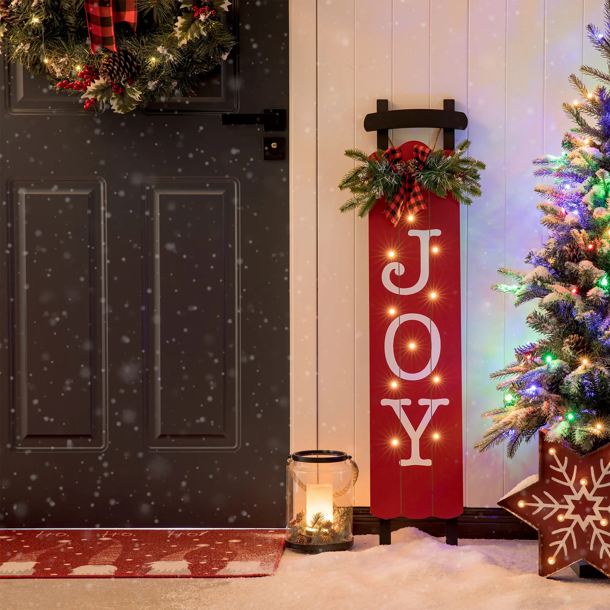 Glitzhome 40.5"H Lighted Wooden Sleigh JOY Porch Sign with Timer