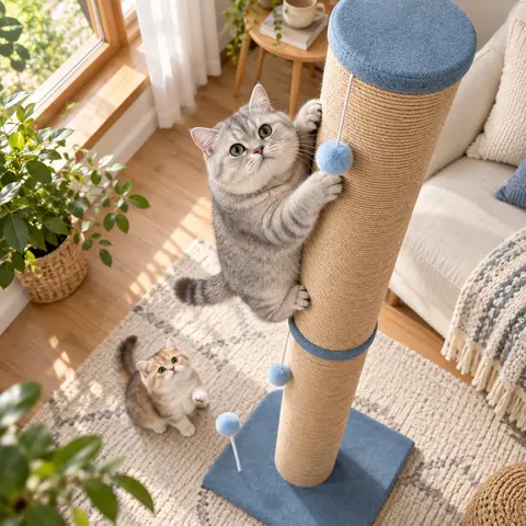 LIKIMIO 41.7" Tall Cat Scratching Post - Natural Sisal Scratcher, 6.2" Diameter Pole, Stable Base, Hanging Toys, 41.7" Tall Stretch, 19.4×19.4×41.7 Inches, for Indoor Cats, Bedrooms Furniture Protection