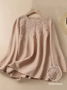 Women's New Embroidered Shirt, Elegant Casual Floral Embroidery Long Sleeve Round Neck Blouse, Loose-Fitting Retro Style All Seasons, Button