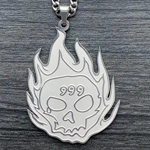 WRLD 999 Skull Necklace - 1.5" Etched Mirror Polished Juice Stainless Steel Pendant with Laser Cut Design & Satin Finish Choice of Chain Free Gift Included