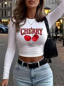 Cherry Print Graphic Long Sleeve Crop Top - Y2K Aesthetic Chic Casual Slim Fit Streetwear Womenswear Lady Tee